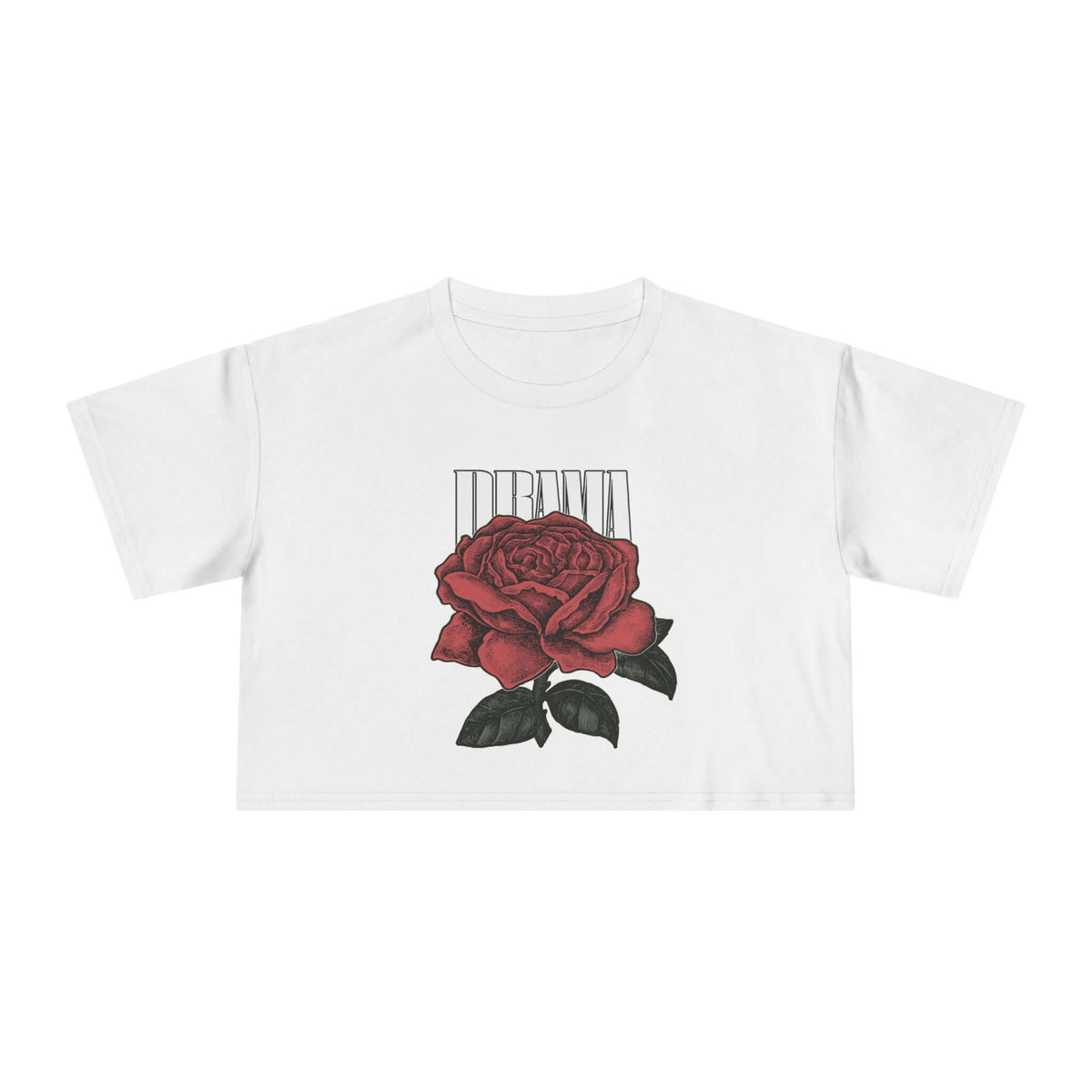 front side of white cropped t-shirt with DRAMA text in white and a large red rose in the center middle