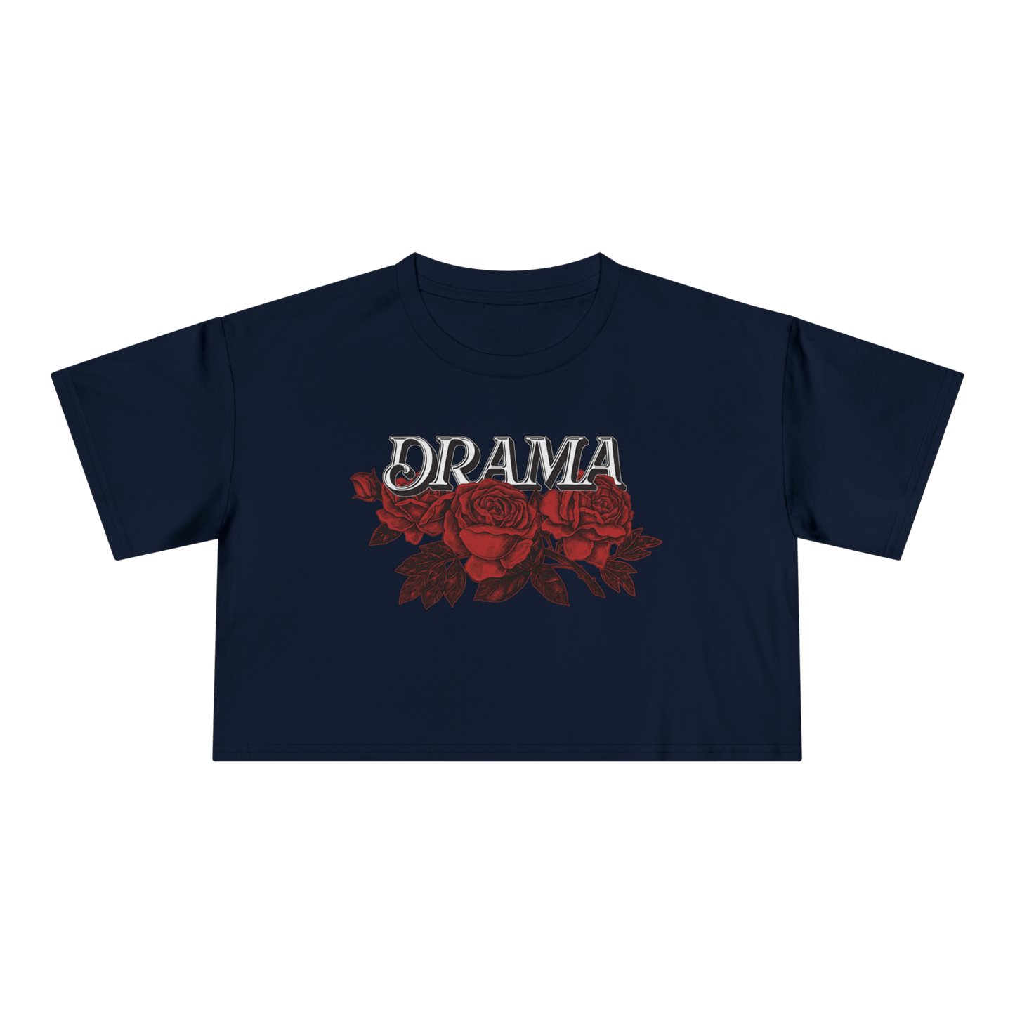 navy cropped t-shirt with DRAMA black text and red roses