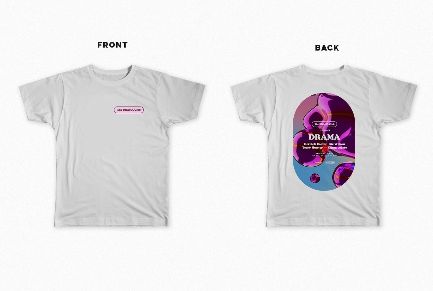 Front and back side view of DRAMA Club Tee