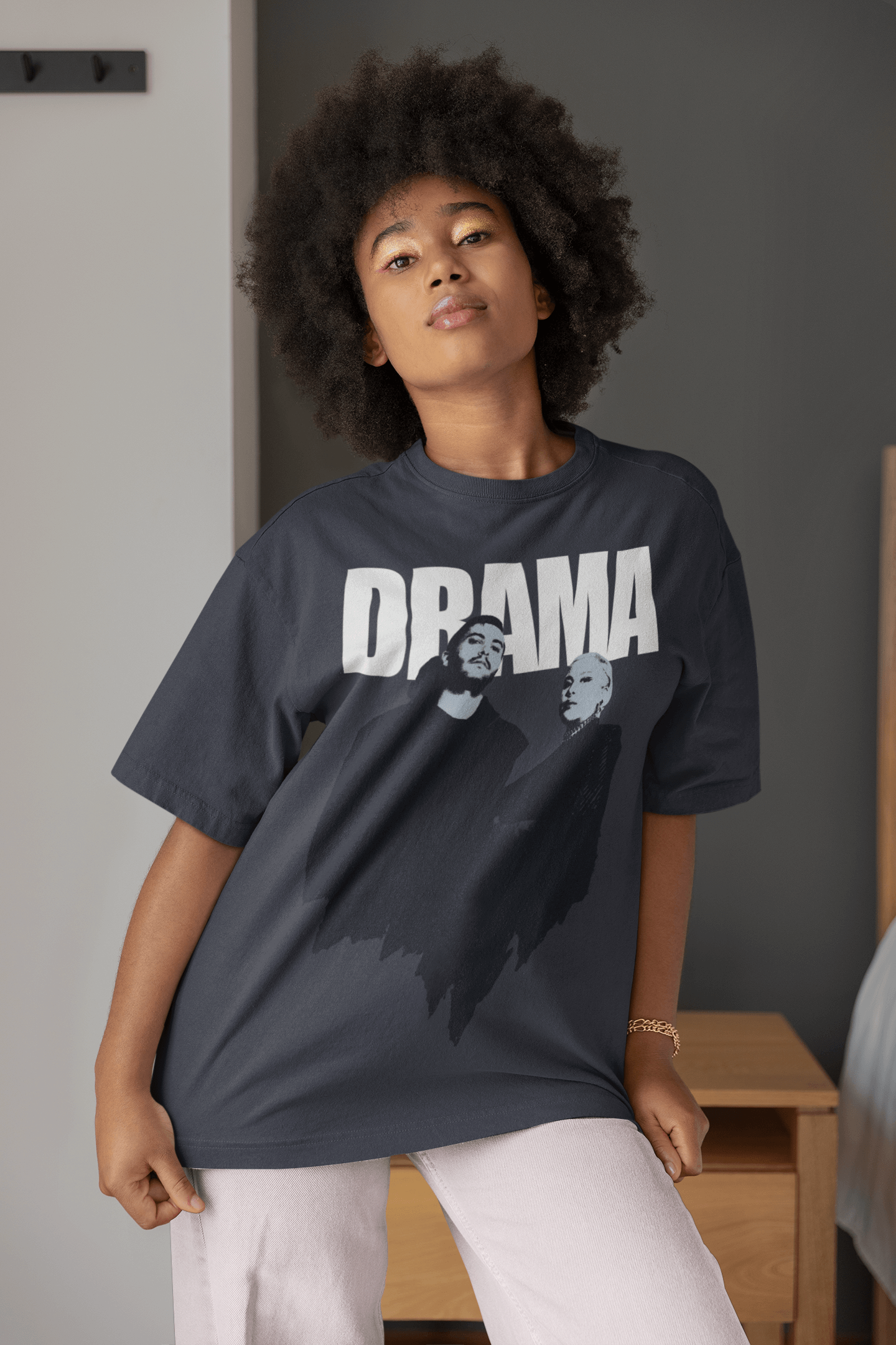 Female model wearing the DRAMA Vamp Tee front side