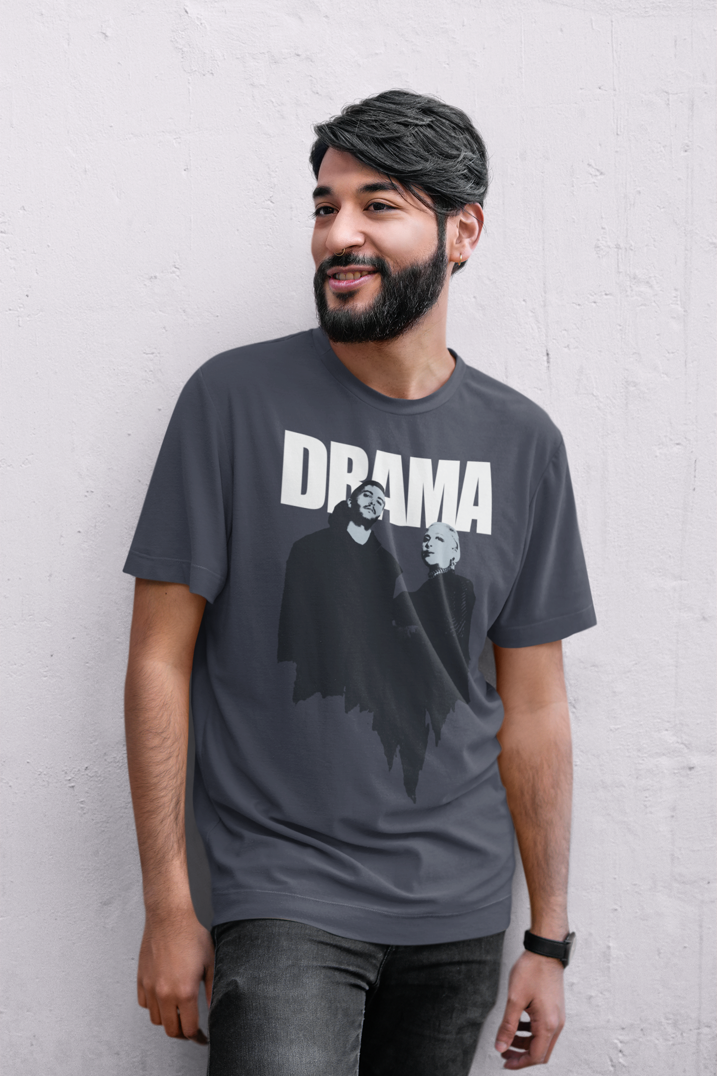 Male model wearing the DRAMA Vamp Tee, front side 
