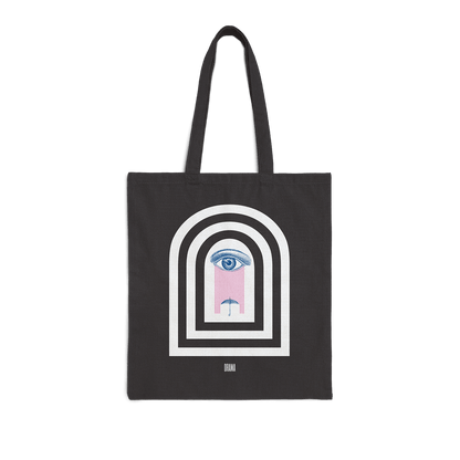 black canvas tote bag with DRAMA Dark Rain arch design printed in white, navy and pink