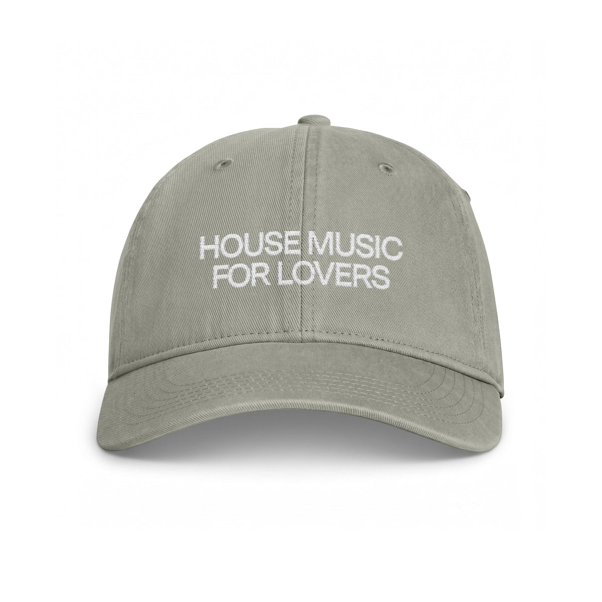 Light green hat with House Music for Lovers embroidered with white thread on the front center 