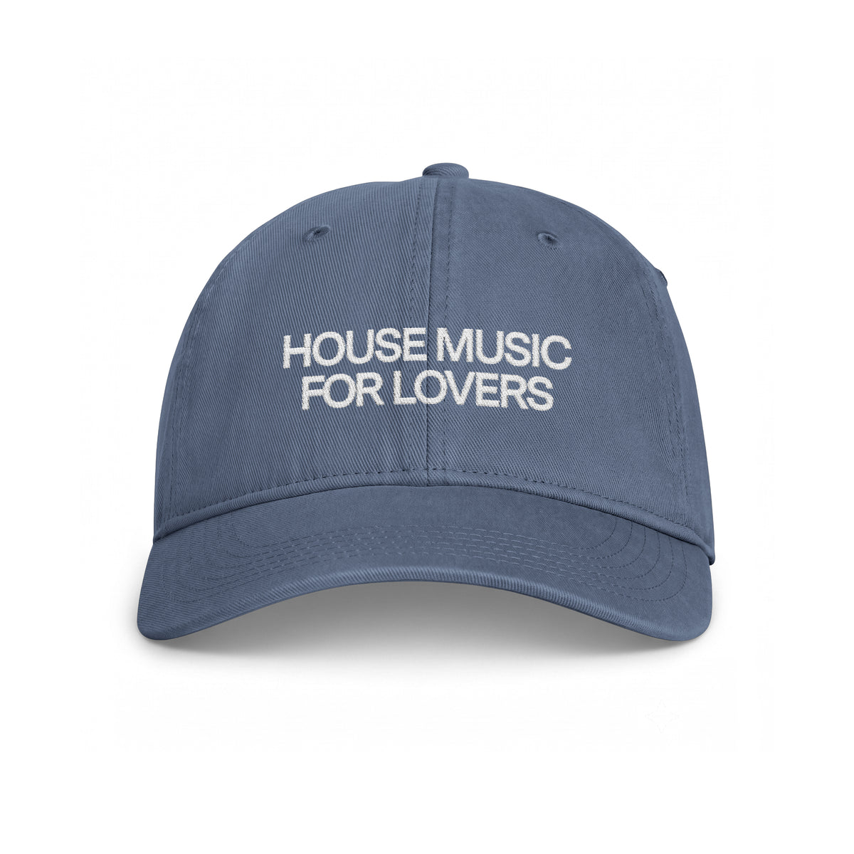 Blue hat with House Music for Lovers embroidered with white thread on the front center 