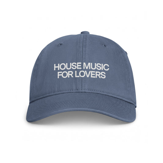 Blue hat with House Music for Lovers embroidered with white thread on the front center 