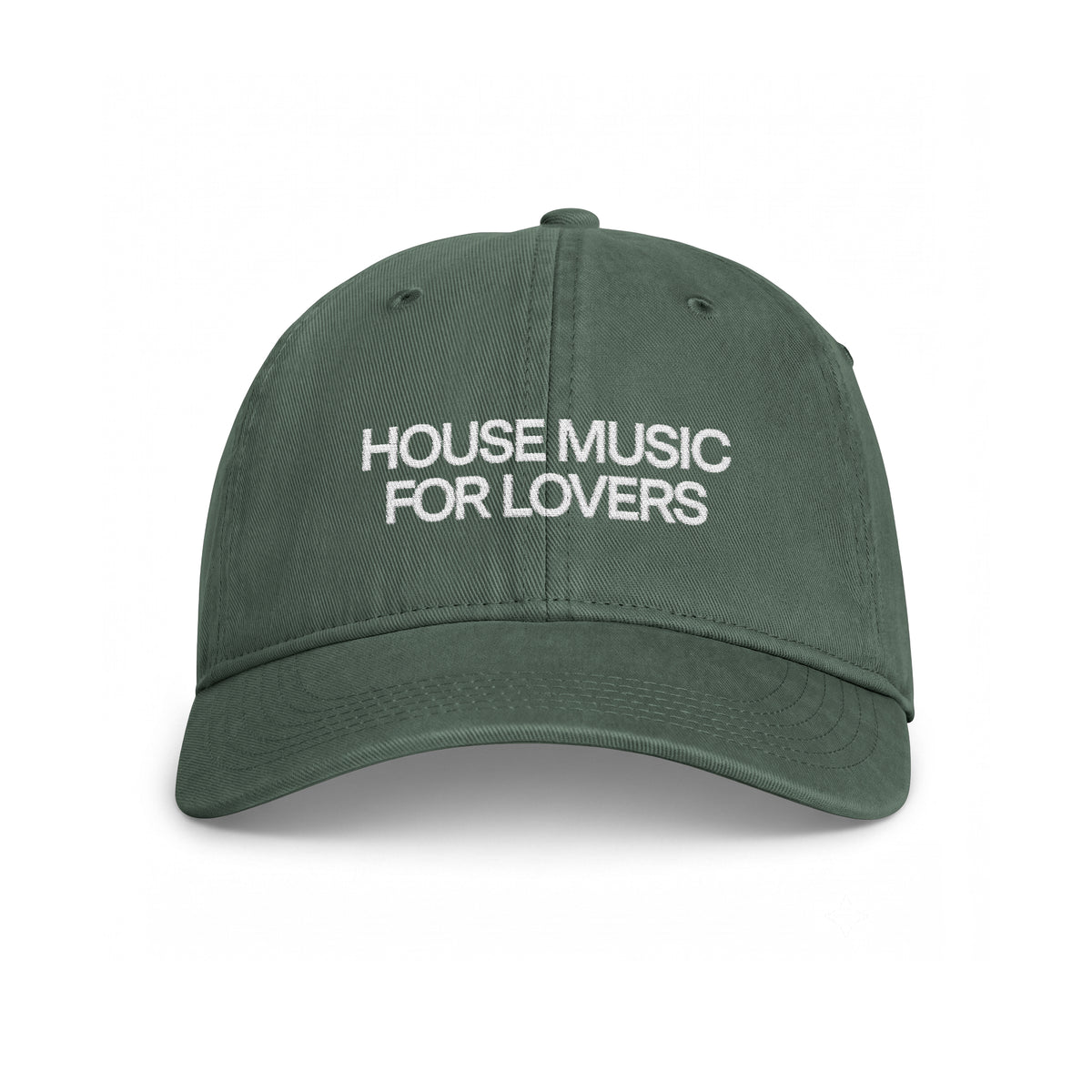 Green hat with House Music for Lovers embroidered with white thread on the front center 