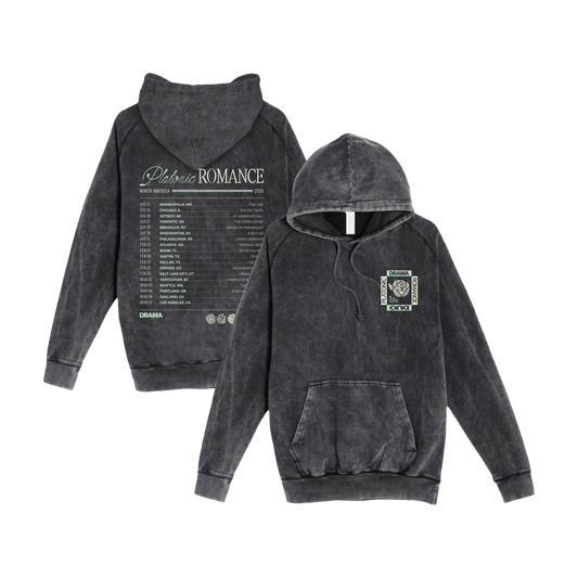 front + backside of vintage black acid washed hoodie with tour design screen printed in mint green
