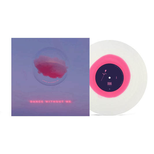 DRAMA Dance Without Me record with a milky white outer edge and bright pink center, beside its purple cloud-design sleeve.