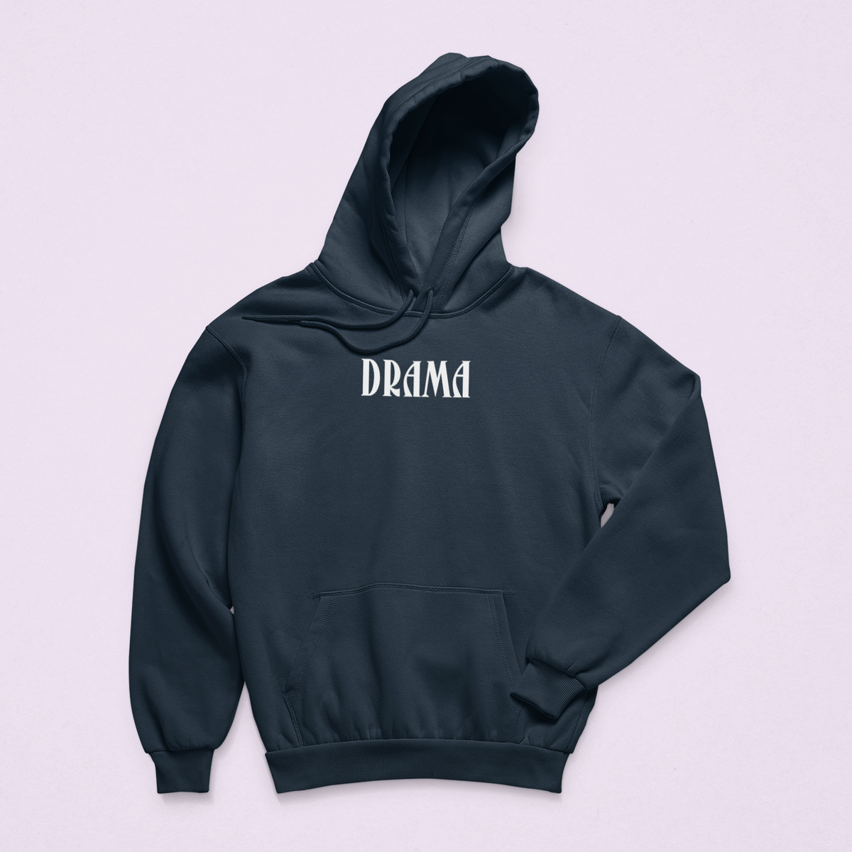 A navy pullover hoodie with a small white text graphic reading DRAMA on the chest, displayed flat against a light lilac background.
