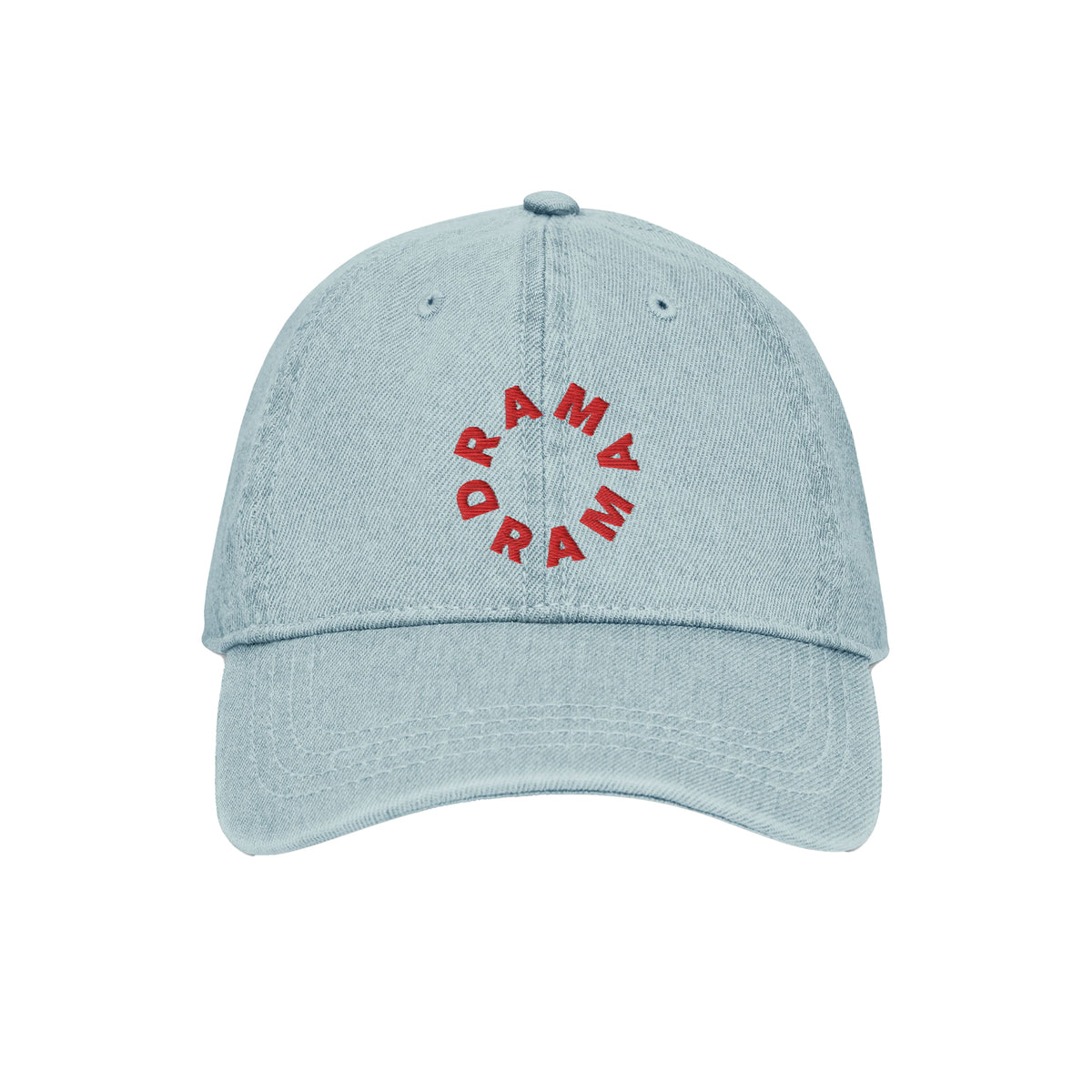 Front view of light blue DRAMA Denim Cap with red DRAMA lettering embroidered in a circle and a curved brim.