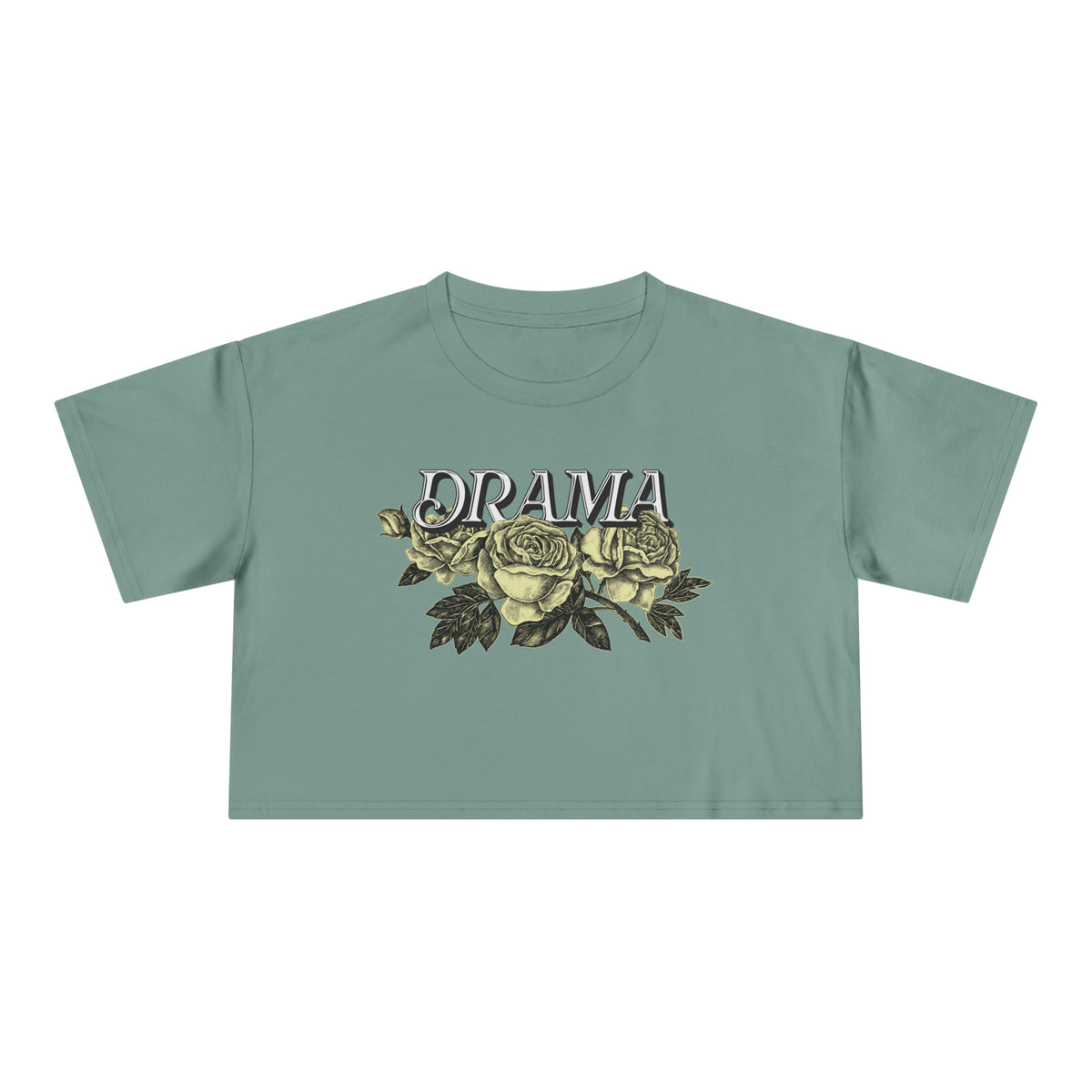 Front view of green DRAMA Roses Crop Top with black DRAMA lettering above yellow roses and dark leaves.