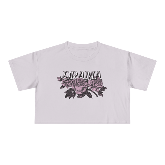 lilac cropped t-shirt with DRAMA black text and pink roses