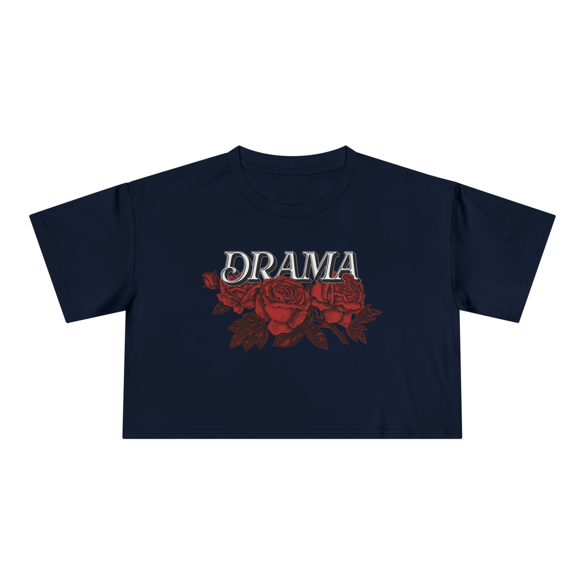 Front view of navy DRAMA Roses Crop Top with outlined DRAMA lettering above red roses and dark leaves.