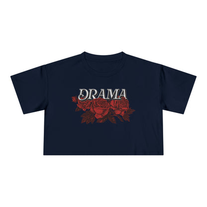 Front view of navy DRAMA Roses Crop Top with outlined DRAMA lettering above red roses and dark leaves.