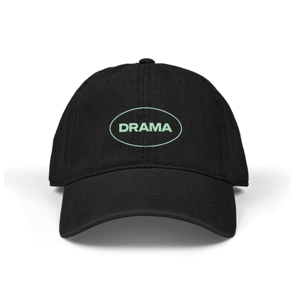 Front of black DRAMA tour cap with DRAMA embroidered in mint green