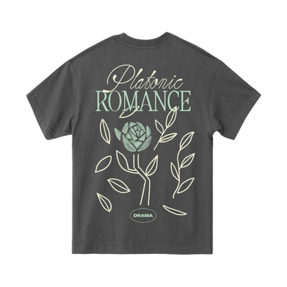 Gray DRAMA Romance Tee with mint green and cream “Platonic Romance” lettering, a rose and leaf design, and an oval DRAMA logo on the back.