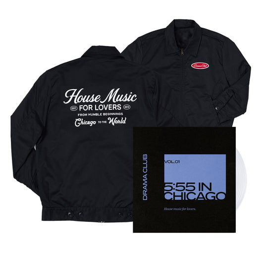 front and back of black collared zip up jacket with red patch on the right chest, House Music For Lovers text screen printed in white on the backside and the front cover of the House Music for lovers vinyl with the clear disc slightly poking out