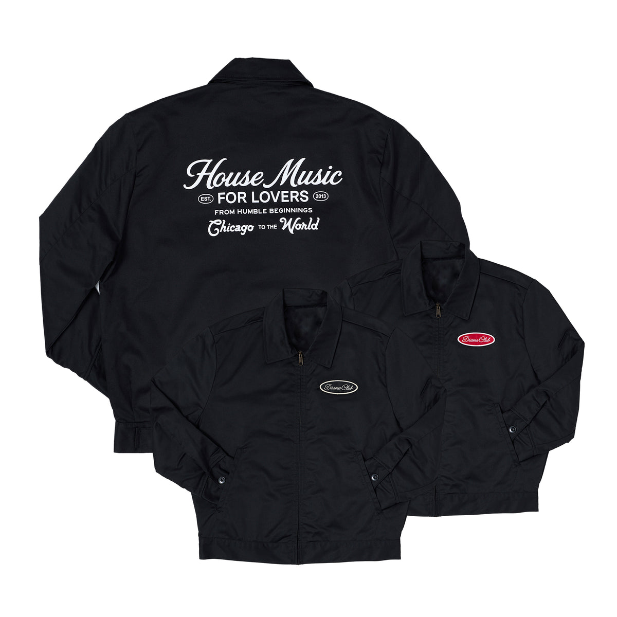 Three black zip-front jackets arranged on a white background, showing the back view of one jacket with large white text reading 'House Music FOR LOVERS' and smaller text below, plus front views of two jackets with small oval and red logo patches.