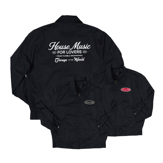 Three black zip-front jackets arranged on a white background, showing the back view of one jacket with large white text reading 'House Music FOR LOVERS' and smaller text below, plus front views of two jackets with small oval and red logo patches.