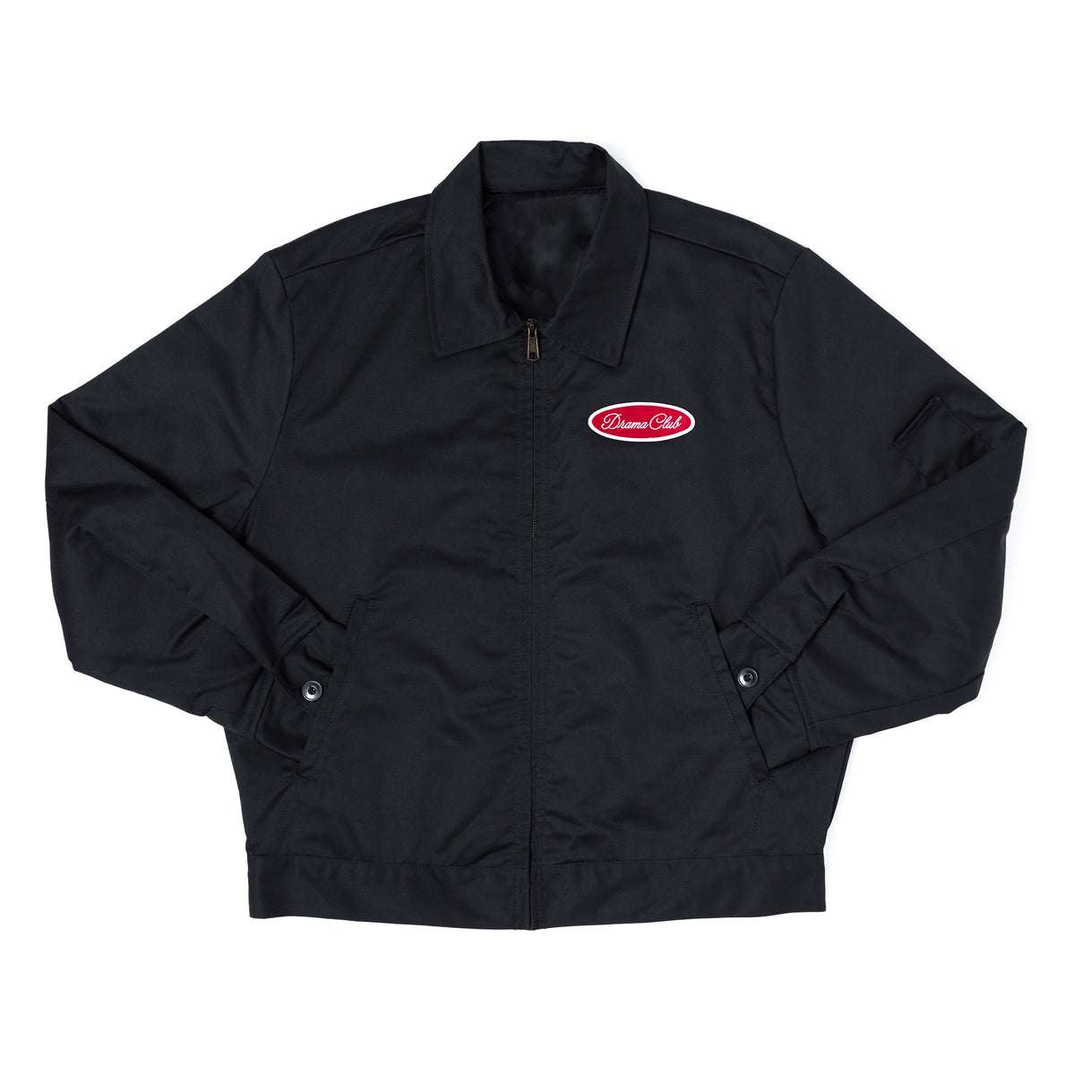 A black zip-up jacket with a pointed collar, long sleeves, and a red oval 'DRAMA Club' logo patch on the left chest, displayed flat against a white background.